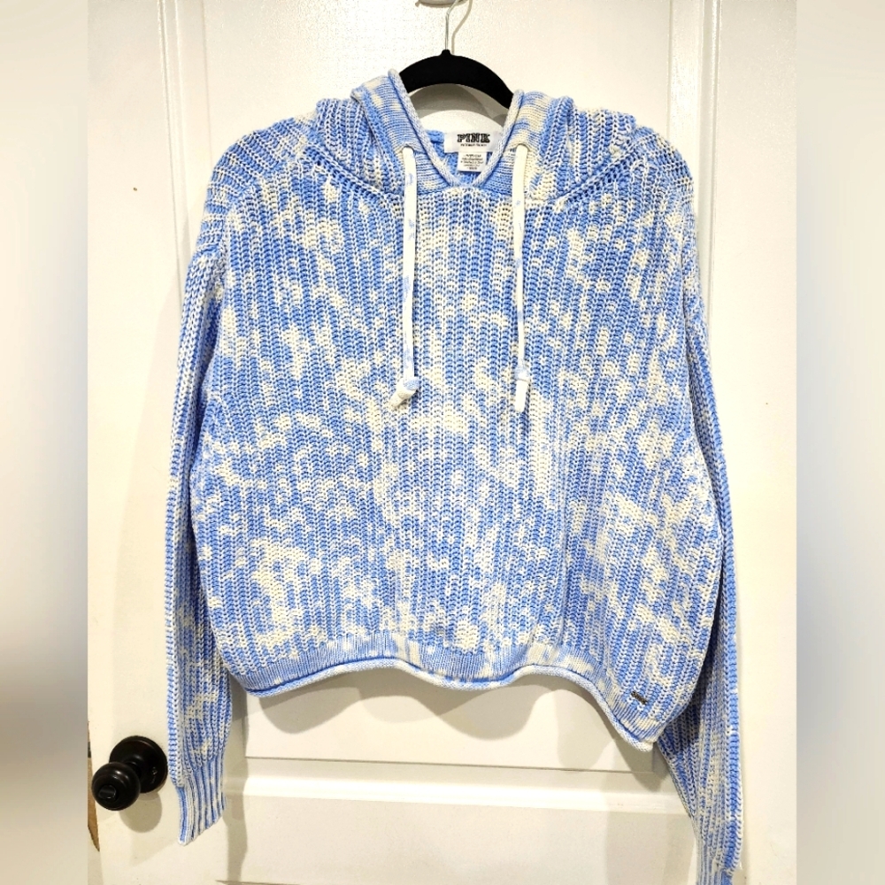 Victoria’s Secret Pink Cable Knit Crop Hoodie Sweater L Blue Pullover Oversized